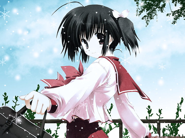 black-haired female anime character wearing pink and red school uniform wallpaper, to heart 2, yuzuhara konomi, girl, brunette, bag, HD wallpaper