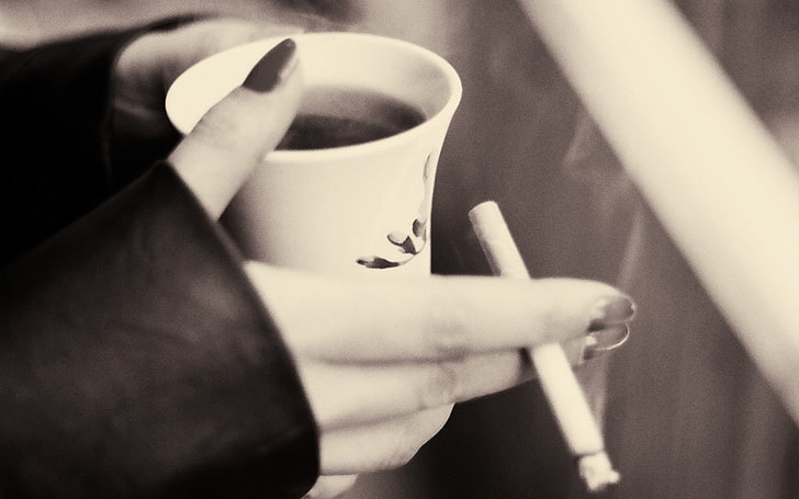 cigarettes, coffee, hands, monochrome, HD wallpaper