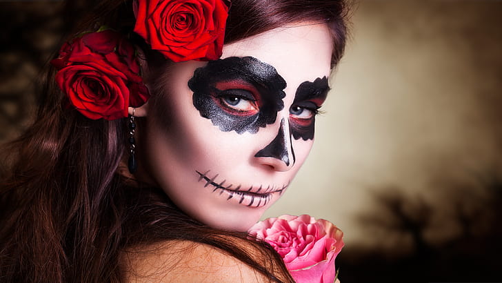 pink, look, makeup, day of the dead, HD wallpaper