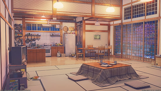 brązowy drewniany stół jadalny, sztuka cyfrowa, grafika, wnętrze, pokój, kotatsu, ArseniXC, Tapety HD HD wallpaper