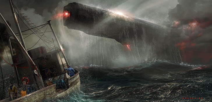Sea, Storm, The ship, Fantasy, Art, Spaceship, Fiction, Concept Art, Vehicles, Science Fiction, Fishermen, Spacecraft, Col Price, Transport, Transport and Vehicles, Goldesign, by Col Price, the boiling sea, Fishing vessel, HD wallpaper