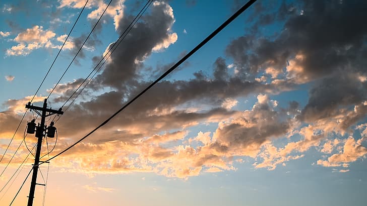 nature, clouds, sunset, landscape, powerlines, photography, HD wallpaper
