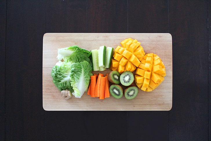 chopping board, close up, cuisine, delicious, diet, food, fresh, fruits, healthy, ingredients, leaf, table, vegan, vegetable, vegetables, wood, wooden, HD wallpaper