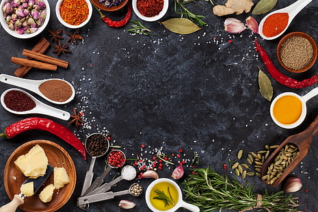 peppar, kanel, kryddor, Chile, salt, rosmarin, lagerblad, anisstjärna, HD tapet HD wallpaper