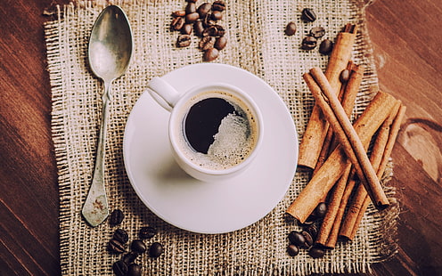coffee, cup, spoons, food, coffee beans, cinnamon, HD wallpaper HD wallpaper