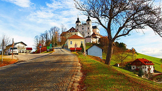 Зоннтагберг, Австрия, церковь, холм, деревня, сельская местность, HD обои HD wallpaper