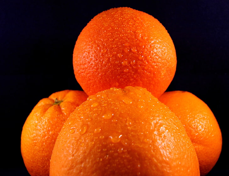 four round orange fruits, water, drops, background, oranges, fruit, HD wallpaper