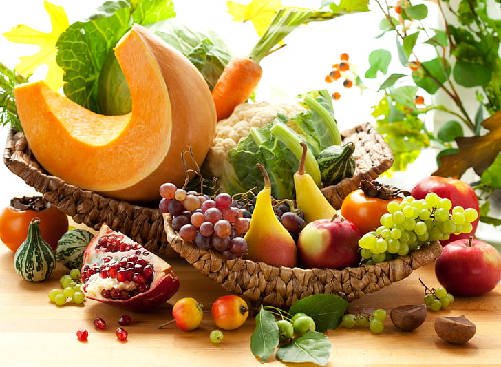 autumn, apples, grapes, pumpkin, fruit, vegetables, pear, carrots, cabbage, garnet, persimmon, HD wallpaper