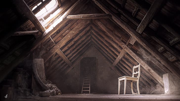 emotion, ancient, photography, attics, horror, desolation, isolation, dust, vintage, wood, wood house, old building, Photoshop, light effects, grunge, decay, hope, sun rays, HD wallpaper