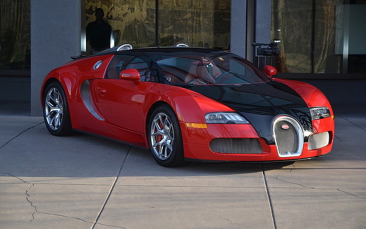 czerwono-czarne sportowe coupe Bugatti, pojazd, Tapety HD