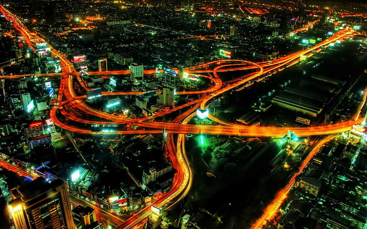 Bangkok, Stadt, Stadtansicht, Lichter, Langzeitbelichtung, Nacht, Straße, Straße, Straßenlaterne, Verkehr, HD-Hintergrundbild