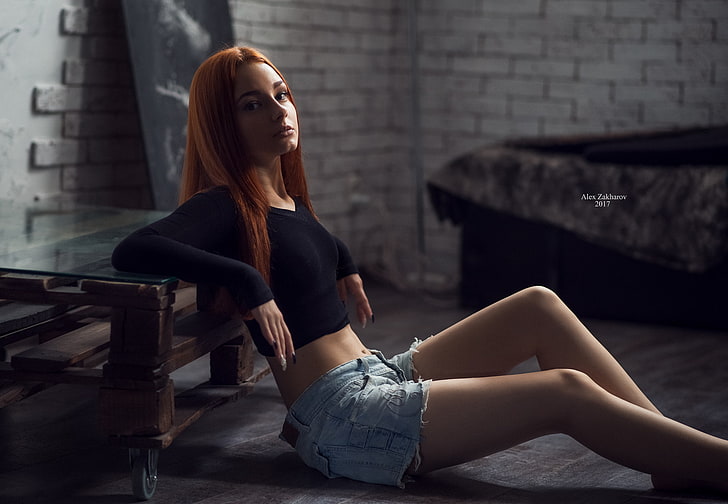 women, portrait, redhead, jean shorts, on the floor, HD wallpaper