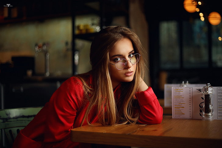 women, Dmitry Arhar, blonde, sitting, chair, table, women with glasses, pink lipstick, red clothing, cafes, cafeteria, women indoors, HD wallpaper