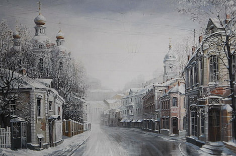 Pintura, resumo, neve, rua, Moscou, inverno, arte de pintura, cidade, pintura, frio, 3d e abstrato, HD papel de parede HD wallpaper
