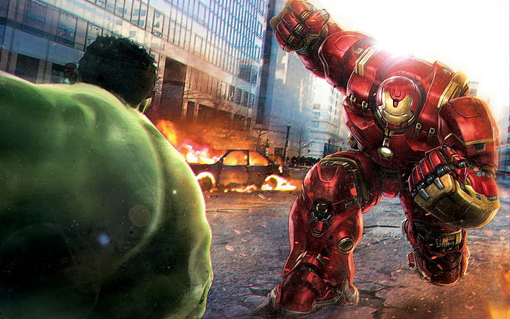 Iron Man, супергерой, битка, комикси, Хълк, Отмъстителите, концептуално изкуство, Marvel Comics, Avengers: Age of Ultron, HD тапет