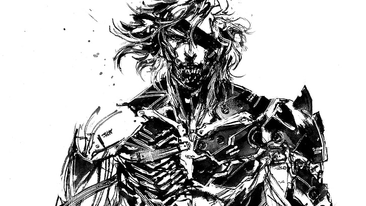 black and white robot man sketch, Metal Gear, Raiden, sketches, Metal Gear Rising: Revengeance, HD wallpaper