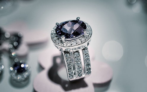 Engagement diamond ring, silver and white diamond embellished black gemstone wedding ring, photography, 1920x1200, ring, diamond, HD wallpaper HD wallpaper