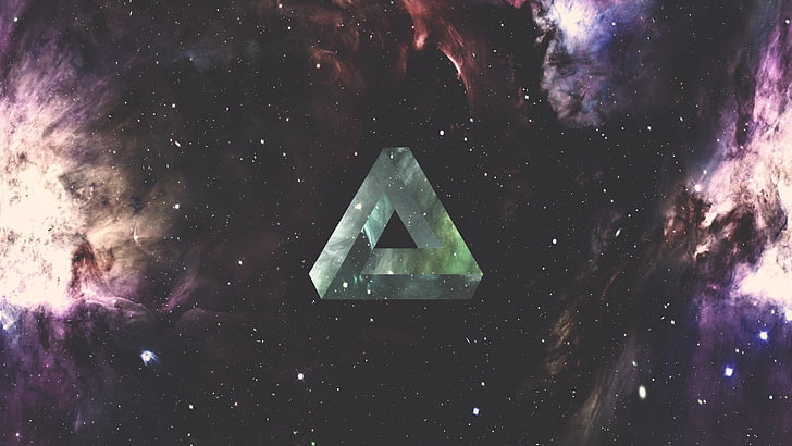 зеленый логотип, треугольник, геометрия, космос, туманность, галактика, треугольник Пенроуза, HD обои