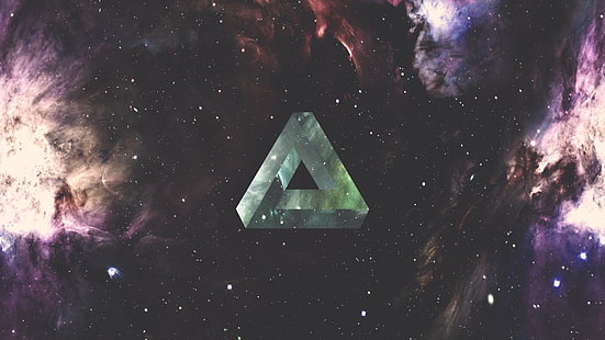 зеленый логотип, треугольник, геометрия, космос, туманность, галактика, треугольник Пенроуза, HD обои HD wallpaper