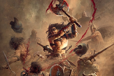 Fantasia, guerriero, ascia, barbaro, battaglia, sangue, spada, Sfondo HD HD wallpaper