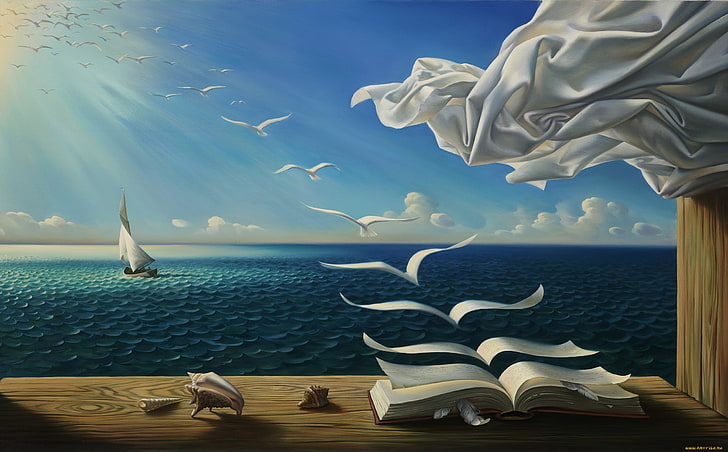 небо, море, книги, птицы, Роб Гонсалвес, HD обои