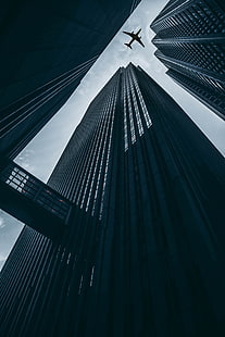 Twin Tower Gebäude, Flugzeug, Gebäude, Wolkenkratzer, Himmel, HD-Hintergrundbild HD wallpaper