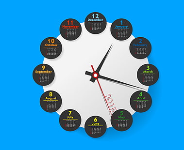 horloge analogique ronde en noir et blanc, calendrier, fond bleu, horloges, mois, 2015, cercle, Fond d'écran HD HD wallpaper