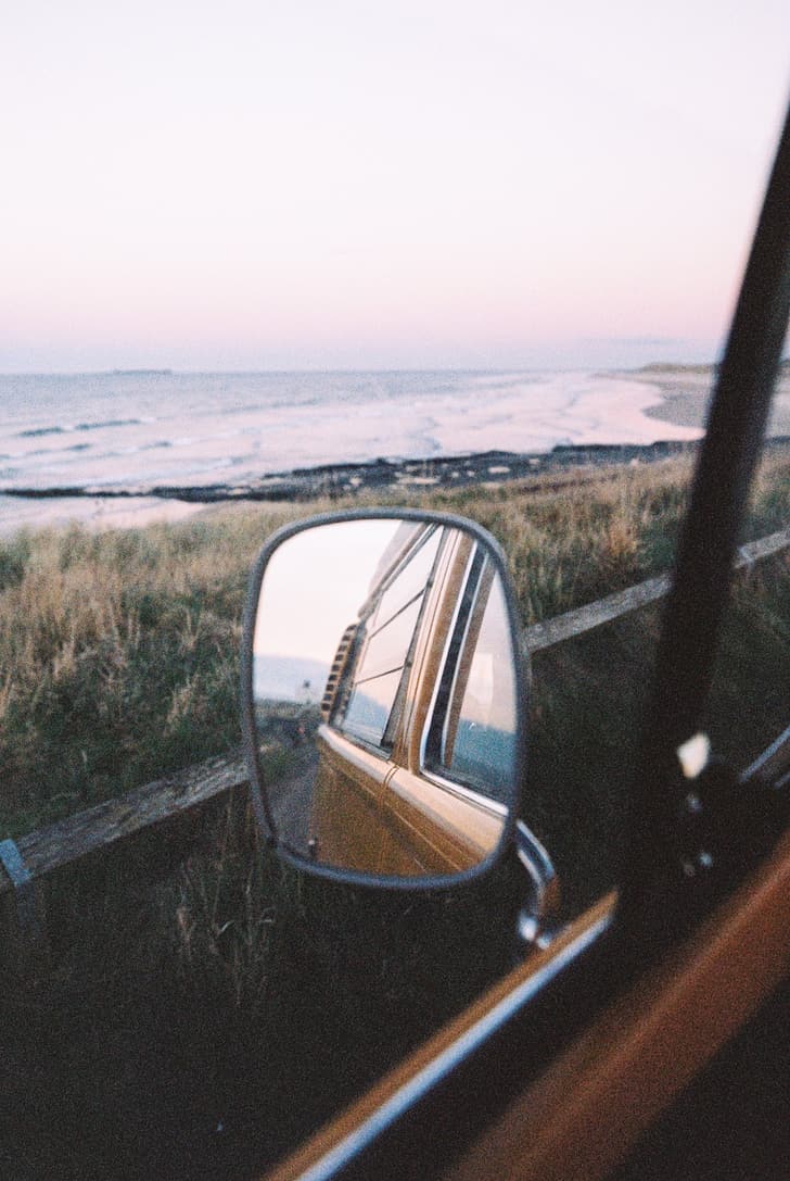 rearview mirror, beach, inside a car, sea, HD wallpaper