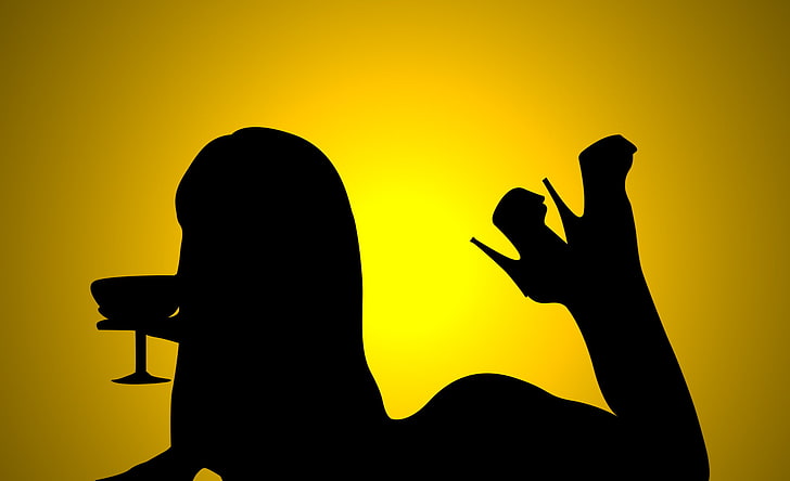 silhouette of woman in prone position holding glass illustration, girl, shadow, cocktail, lies, yellow background, HD wallpaper