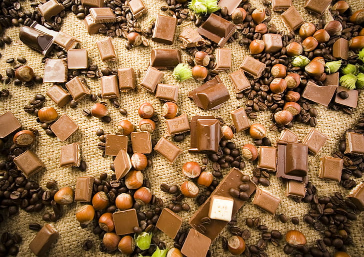 Шоколад, орехи, злаки, кофе, плитка, дерево, HD обои