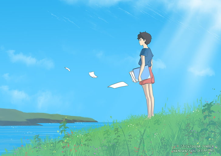 Kiedy była tam Marnie, dziewczyny z anime, czyste niebo, rzeka, Tapety HD