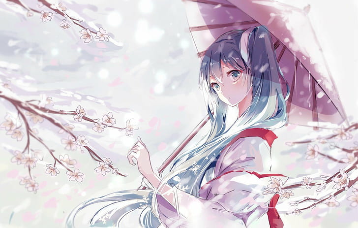 аниме, аниме момичета, черешов цвят, цветя, Hatsune Miku, кимоно, дълга коса, сняг, снежни люспи, традиционно облекло, двойни опашки, чадър, вокалоид, HD тапет