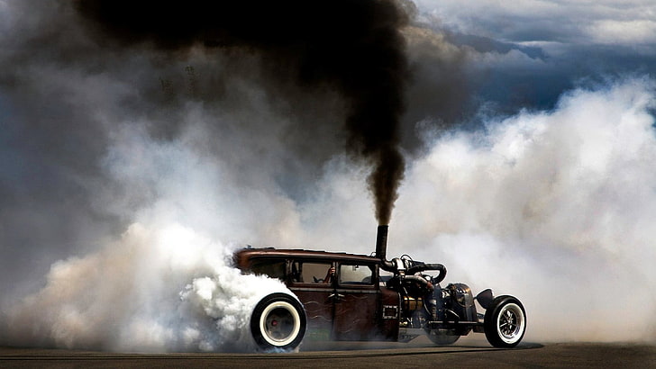 vintage black coupe, smoke, car, Burnout, Hot Rod, Rat Rod, HD wallpaper