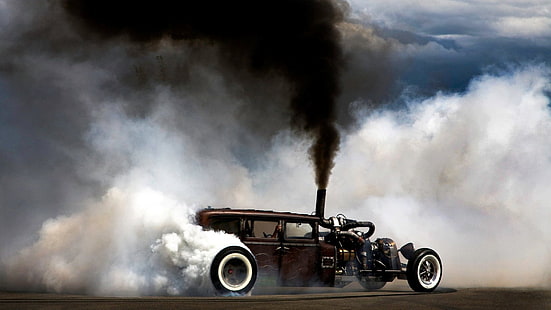vintage black coupe, smoke, car, Burnout, Hot Rod, Rat Rod, HD wallpaper HD wallpaper