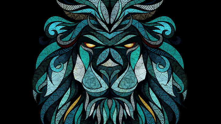 lion, teal, symmetry, illustration, fractal art, art, graphics, pattern, turquoise, HD wallpaper