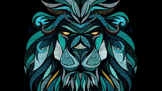 lion, teal, symmetry, illustration, fractal art, art, graphics, pattern, turquoise, HD wallpaper HD wallpaper