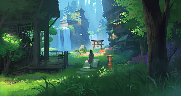 Anime Landschaft, Wasserfall, Fantasie, asiatische Gebäude, japanische Kleidung, Hörner, Anime, HD-Hintergrundbild HD wallpaper