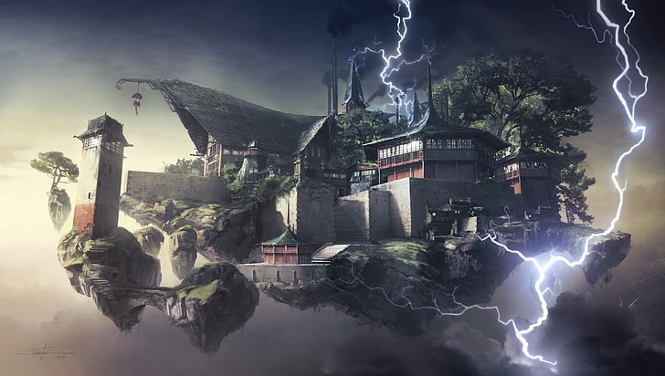 Blitz nahe digitaler Tapete des Tempels, Fantasiekunst, digitale Kunst, sich hin- und herbewegende Insel, Gebäude, HD-Hintergrundbild