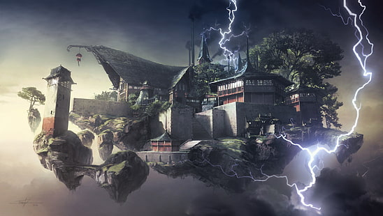 lightning near temple digital wallpaper, fantasy art, digital art, floating island, building, HD wallpaper HD wallpaper