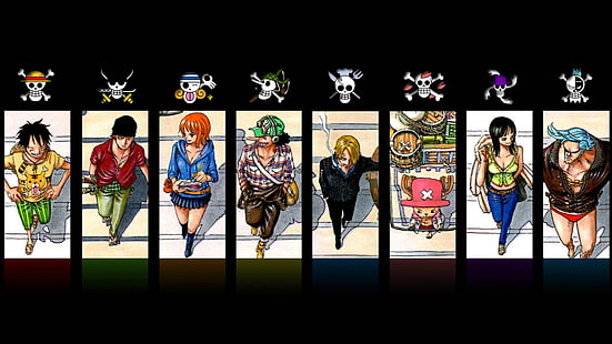One Piece digital wallpaper, One Piece, Monkey D. Luffy, Roronoa Zoro, Sanji, Usopp, Nami, Tony Tony Chopper, Nico Robin, Franky, panels, HD wallpaper HD wallpaper