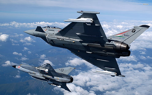 iki gri savaş uçağı, Eurofighter tayfun, jet avcı uçağı, uçak, uçak, gökyüzü, Saab 35 Draken, askeri uçak, askeri, ikinci el araç, HD masaüstü duvar kağıdı HD wallpaper