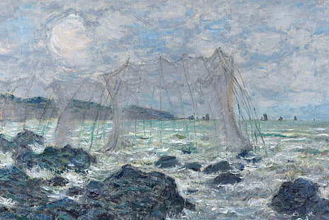 картина, морской пейзаж, Клод Моне, Рыболовные сети в Пурвиле, HD обои HD wallpaper