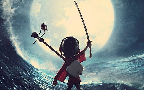 man in pink long-sleeved dress holding sword carrying guitar under full moon digital wallpaper, Kubo and the Two Strings, Best Animation Movies of 2016, HD wallpaper HD wallpaper