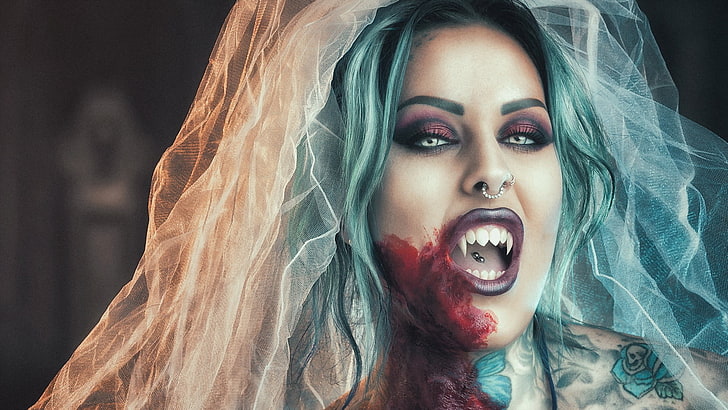 vampires, women, makeup, fantasy girl, nose rings, blood, HD wallpaper