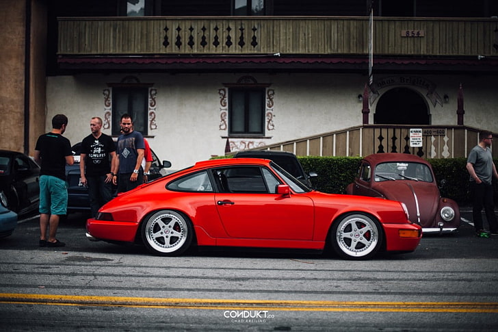 car, German Cars, house, Lowered, People, Porsche 911, red, Stance, Tuning, Volkswagen Beetle, HD wallpaper