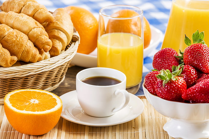 colazione, caffè, frutta, fragole, succo d'arancia, muffin, cibo, Sfondo HD