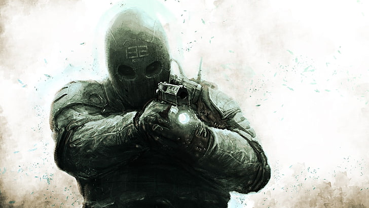 człowiek trzymający pistolet tapeta z gry online, pistolet, maska, grafika, Tapety HD