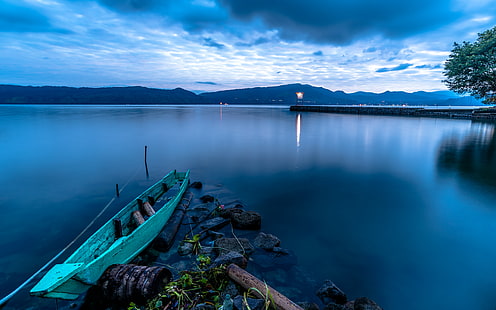 鳥羽湖のサモシールビュー、青、ボート、夜明け、インドネシア、湖、長時間露光、自然、写真、海景、スマトラ、トゥクトゥク、水、 HDデスクトップの壁紙 HD wallpaper