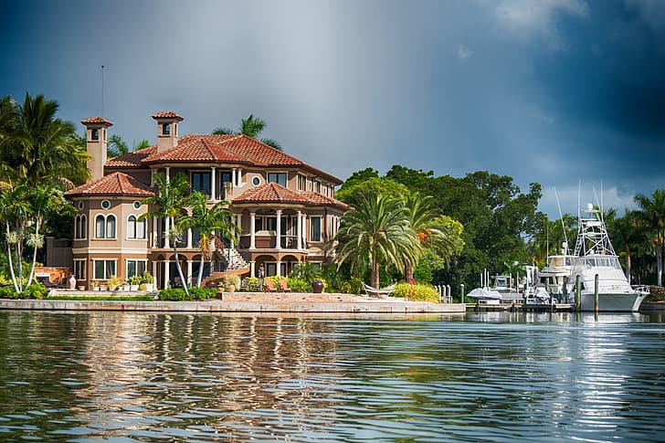 water, palm trees, Villa, yachts, FL, Florida, Sarasota, Sarasota Bay, HD wallpaper