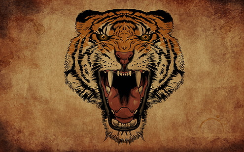 tiger angry face illustration, tiger, background, mouth, fangs, roar, HD wallpaper HD wallpaper